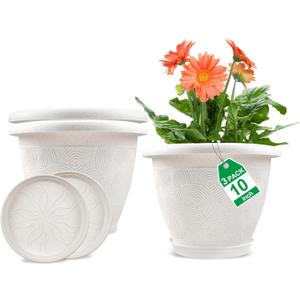 Plastic Flower Pots Planters For Indoor Plants, 4 Pack 10 Inch White Plant Pots With Drainage Hole & Tray, Modern Decorative Large Plant Pot With Saucer For Indoor Outdoor Plants Garden House Planter