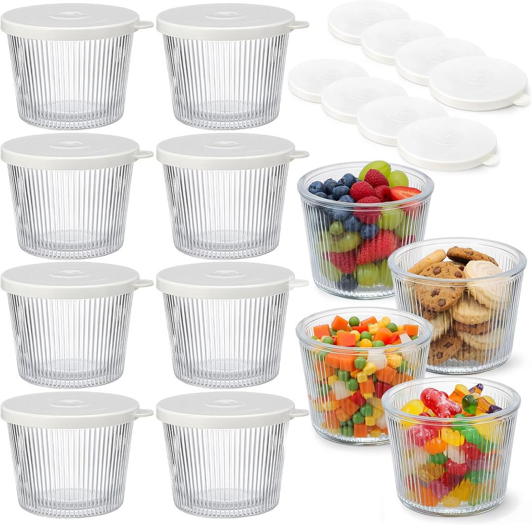 8pc Set of Small Glass Bowls with Lids 6.8oz Ribbed Clear Glass Containers Stackable Dessert Custard Pudding Cups Condiment Bowls for Sauces Dips, Nuts Oats, Candy Dessert, Cereal