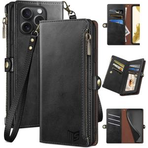 Compatible with iPhone 14 Pro 6.1" Wallet case with Zipper Credit Card HolderRFID Blocking,Flip Folio Book PU Leather Phone case Shockproof Cover Women Men for Apple 14 Pro case Deep Black