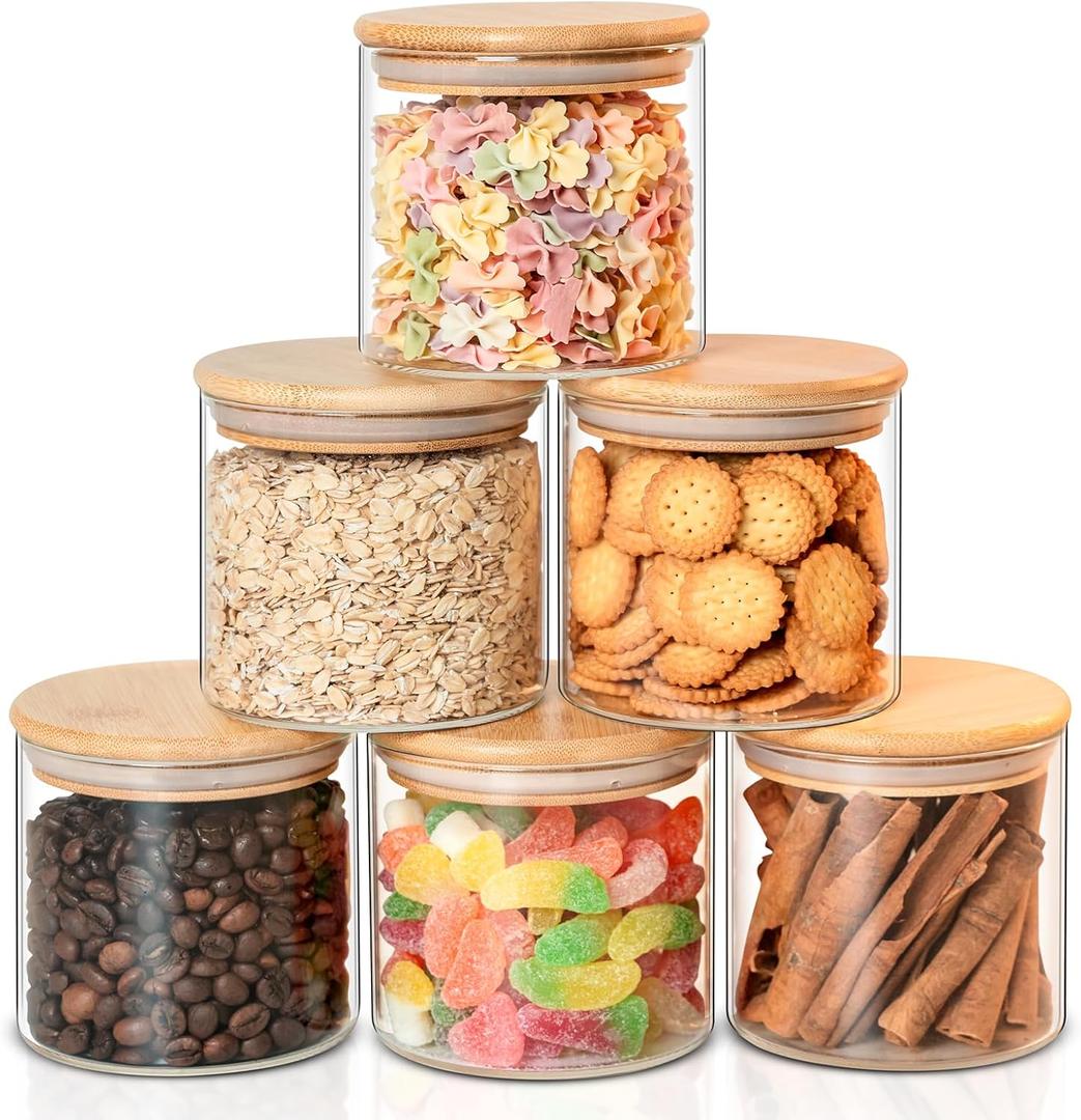 Liuruiyu Glass Food Storage Jars 6-Pack - 4x4 in-Clear Glass Food Canisters with Bamboo Lid Airtight For Serving Tea, Coffee, Flour, Sugar, Candy, Cookie, Spice and More (Circular)