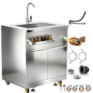 BODEGA Stainless Steel Single bowl kitchen sink Cabinet With hose hookup and Faucet, Outdoor Kitchen Sink with Storage, Brake Wheels & Spice Rack, All-Weather Sink, Use For RV, Yard,Garage,Restaurant., UL-SCG01-TS-kitchen sink