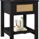 IBUYKE Rattan Nightstand, Boho Night Stand with Drawer, Wood Bedside Tables with Storage Shelf, End Table with Legs for Bedroom, Black UWNS011B