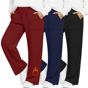 3 Pack Women's Plus Size Fleece Lined Sweatpants, Wide Leg Thermal Winter Pants, Warm Yoga Lounge Joggers (XX-Large, Black, Navy Blue, Wine Red)