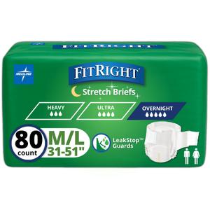 FitRight Extended Wear Stretch Briefs, Overnight Adult Diapers with Tabs, Size 1 (Case of 80)