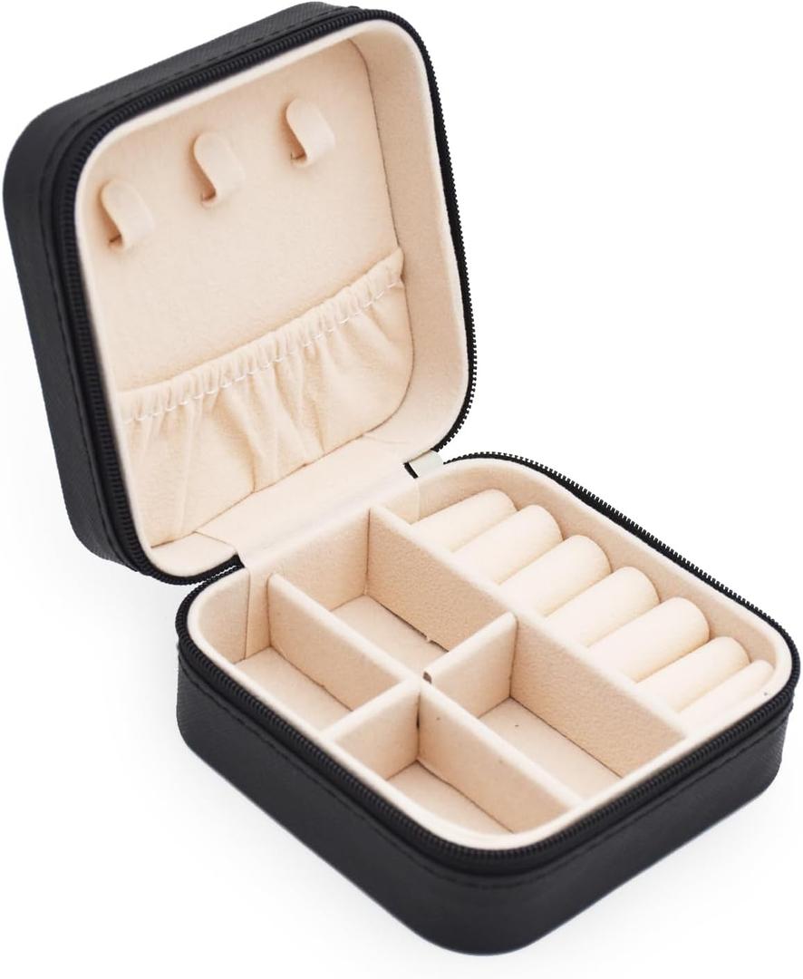 MODENGKONGJIAN Mini Jewelry Travel Case, PU Leather Travel Jewelry Organizer Box, Small Portable Portable Jewelry Storage Holder for Women's Rings Earrings Necklaces Bracelets (Black)
