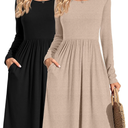 Riyiper Pack of 2 Women Casual Long Sleeve Dresses Loose Fit Swing Pleated Dress with Pockets Knee Length, XL, Black, Apricot