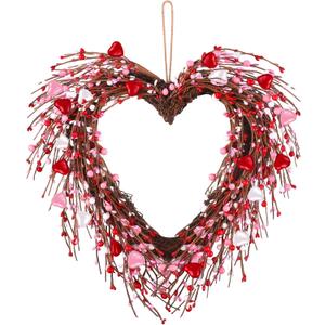 Aneco Valentine's Day Wreath 18 Inch Heart Shaped Wreath with Red Pink White Berry Handmade Valentine's Day Decorations for Anniversary Wedding Party Gift, Home Wall Window Front Door Decor