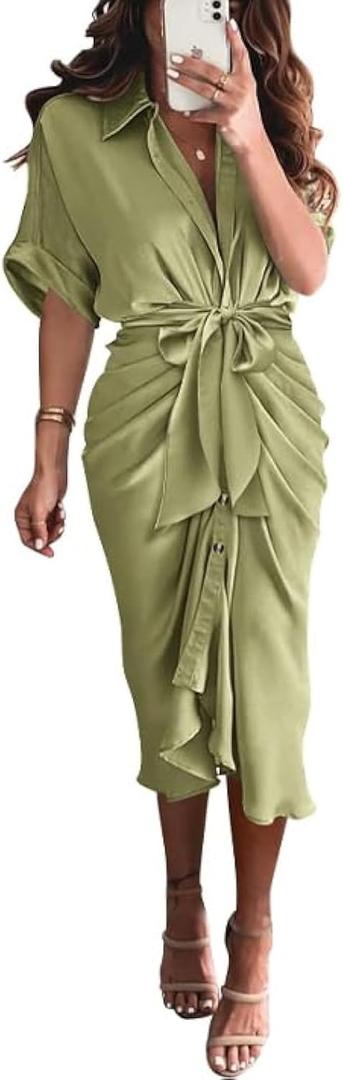 BTFBM Women Button Down Ruched Shirt Dresses Satin Short Sleeve Lapel V Neck Summer Maxi Dress 2025 Party Wedding Guest (Large, Light Green)