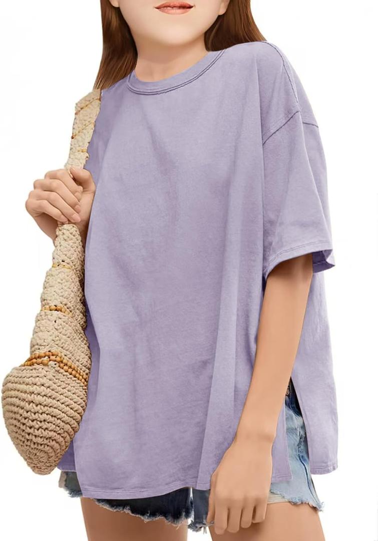 Girls Fashion T Shirts Raw Hem Oversized Summer T Shirt Short Sleeve Tops Tees Shirt 5-14 Years (9-10 Years)