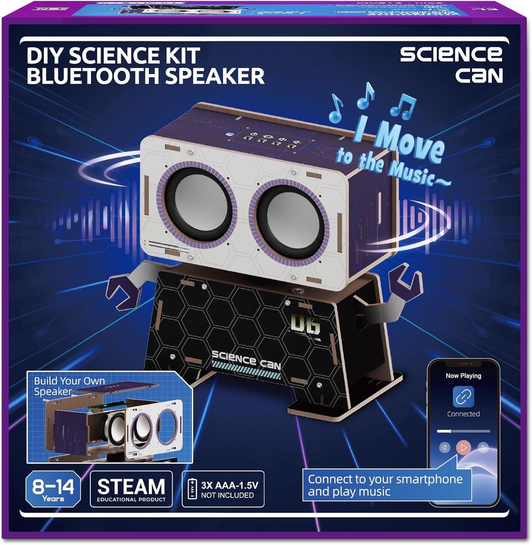 Science Can STEM Toys for Ages 8-13, DIY Bluetooth Speaker Kit with Rotating Head Robot, Electronic Stem Kits with Wooden Puzzles, Educational Building Toy, Birthday Gift for Boys & Girls