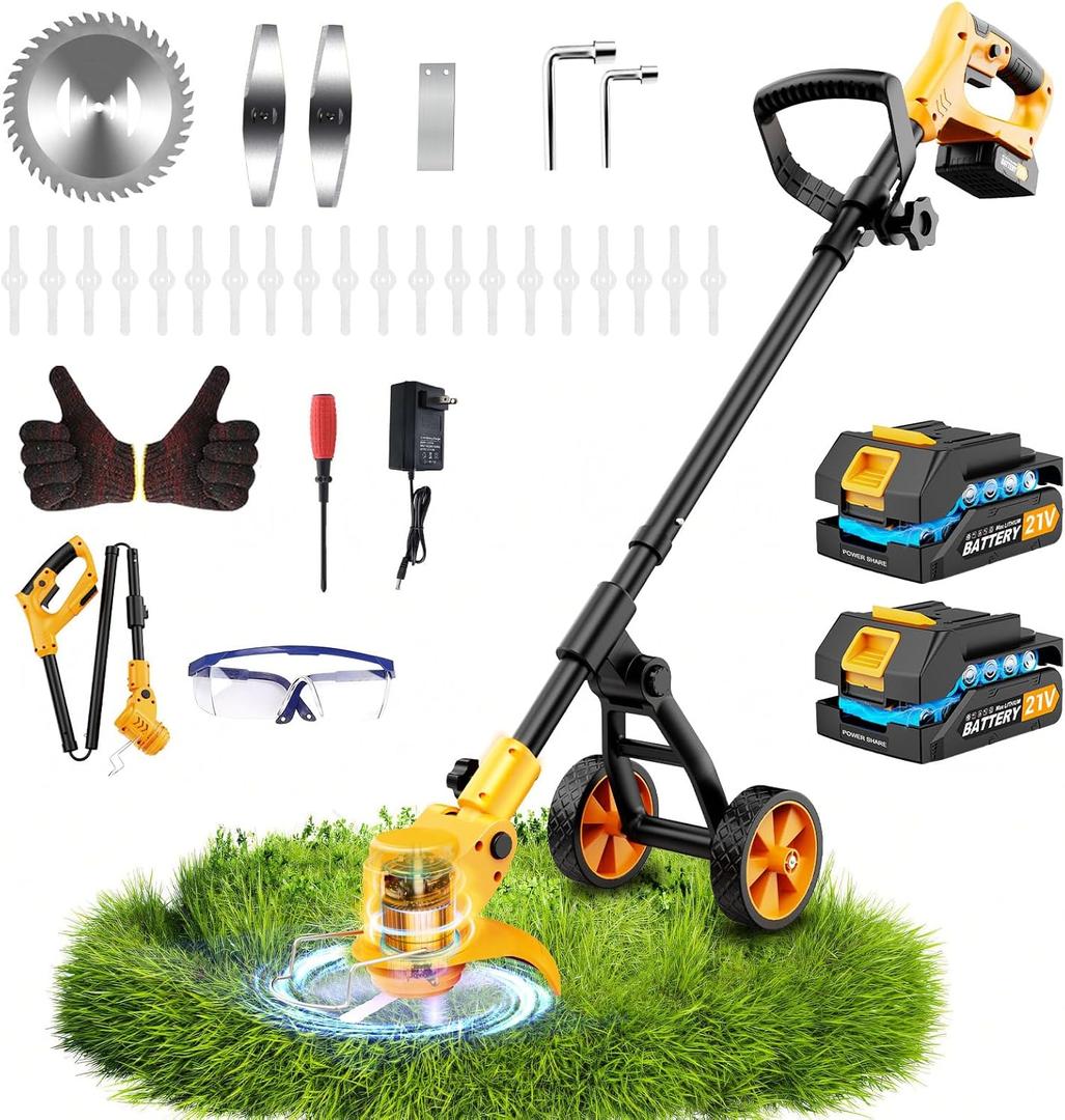 Electric Weed Wacker Cordless with Wheels,Electric Weed Eater Battery Powered 4000mAh,4 in 1 Grass Trimmer/Brush Cutter/Grass Edger/Small Lawn Mower,No String Trimmer with Blade, 2 Battery (Yellow)