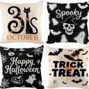 Halloween Pillow Covers 18x18 inch Set of 4, Linen Outdoor Farmhouse Cute Ghost Vintage Cat Skull Spooky Trick or Treat Party Supplies Black and White Decorations for Sofa Couch
