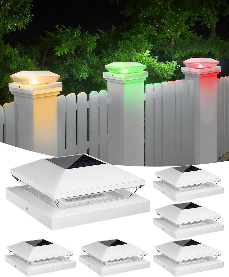 T-SUN Solar Post Cap Lights with Auto-Change Colors- for Wooden (4x4/6x6) & Vinyl (4x4/5x5) Posts | Weatherproof Outdoor Solar Fence Post Lights for Deck, Porch, Garden & Stairs(6-Pack,RGB)
