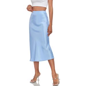 Atnlewhi Women's Silk Satin Midi Skirts High Waist Elastic Long A Line Elegant Casual Slit Skirt, 