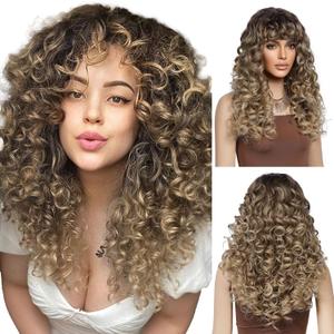 LONAI Curly Wig with Bangs for Women Long Honey Blonde Kinky Wigs with Bangs WIG006 Curly Shag Synthetic Wig for Daily Use Party Cosplay-Ombre Honey Blonde