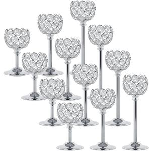 Silver Crystal Tealight Candle Holders Set of 12 (4 Sets) - Tall Bling Bowl Candelabra Centerpieces for Dining Table, Wedding, Party & Fireplace Mantel Decor