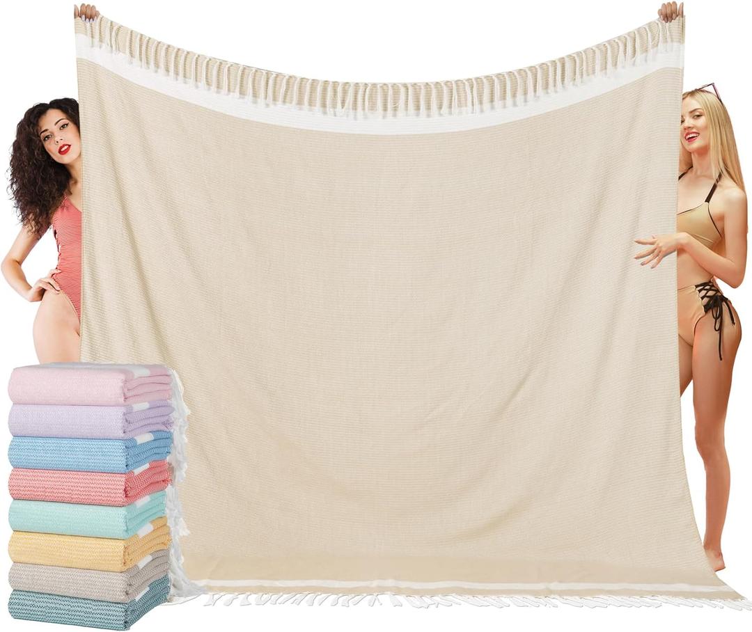 Oversized Turkish Beach Towel Blanket XXL Cotton Sandproof Towels Boho Woven Extra Large Big Sand Free Giant Throw Thick Blankets Huge Quilt XL Picnic Camping Necessities Cloud For Adult Gifts Beige