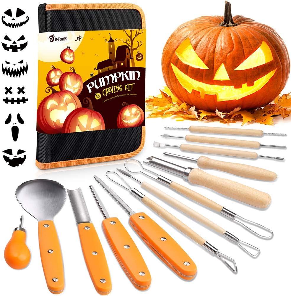 D-FantiX Halloween Pumpkin Carving Kit, 13 Pieces Professional Stainless Steel Pumpkin Carving Tools Kit with Stencils and Carrying Case - Carve Sculpt Jack-O-Lanterns Halloween Decorations DIY