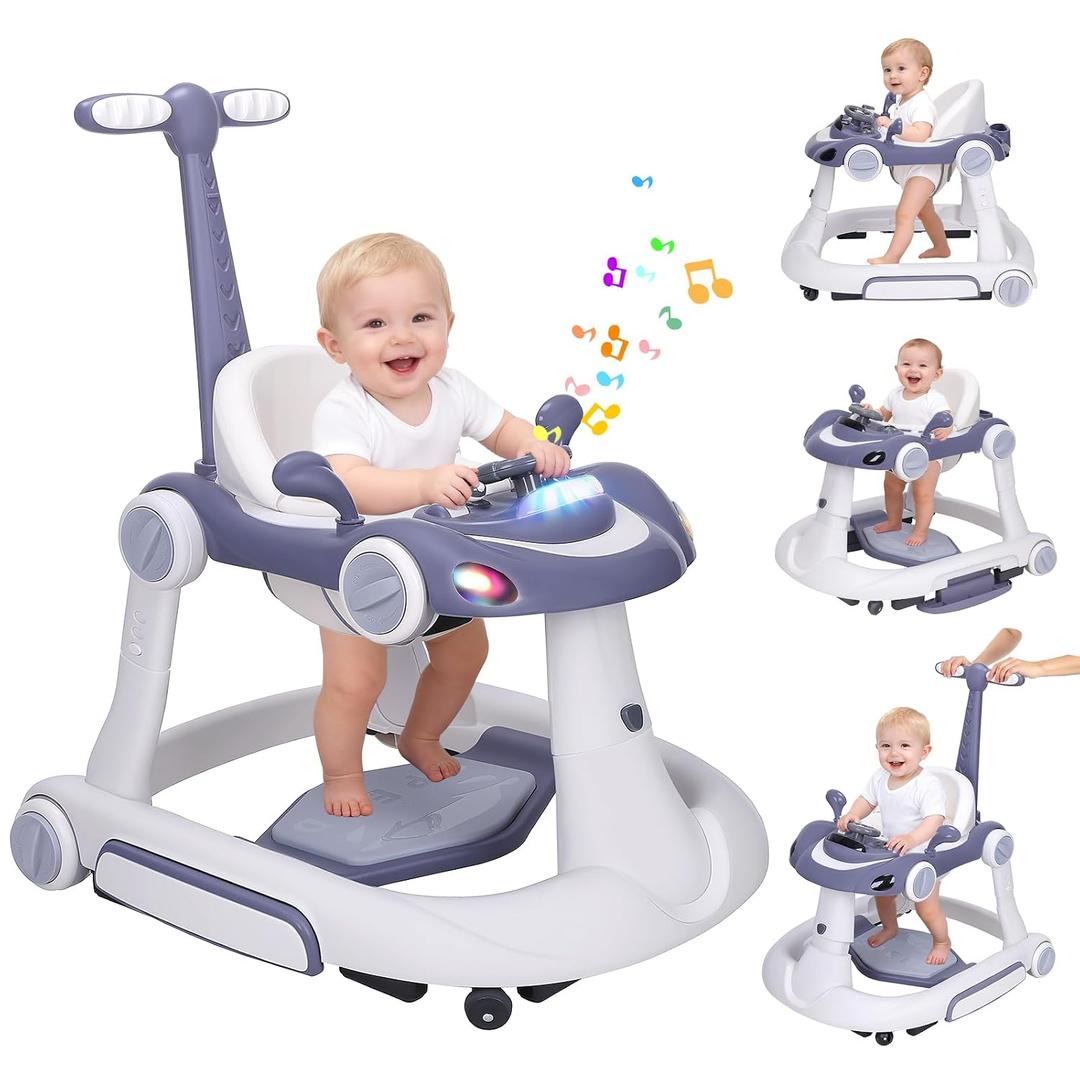 Baby Walker with Wheels, 5-in-1 Foldable Infant Toddler Walker for Boys Girls 6-18 Month, Music Walker for Baby with Car Steering Wheel &Removable Footrest,Baby Push Walker Dark Blue