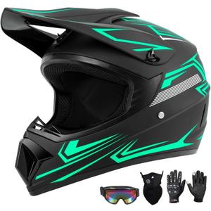Youth Kids Dirt Bike Motocross Helmet (Goggles Gloves Face Mask) 4PCS Set, DOT Approved Boys Girls Full Face Motorcycle Helmets, ATV BMX MX Mountain Bike Off Road Kid Helmet (Green, XL)
