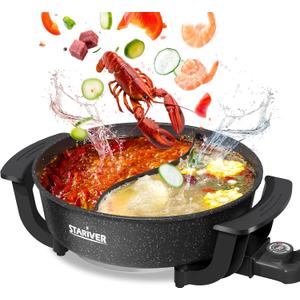 Stariver 6L Electric Hot Pot with Divider - Dual-Flavor Fondue & Shabu Shabu Pot, 1360W with 5-Temp Control, Non-Stick & BPA-Free, Perfect for Family Dinners & Parties