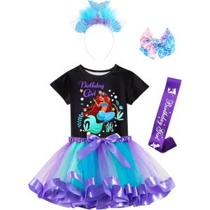 Doctor Unicorn Birthday Girls Mermaid Outfit Set Costume Tutu Skirt Dress, Mermaid Birthday Shirt, Headband & Satin Sash (6-7 Years, Black-1)