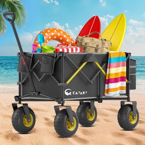 CAtArt Beach Wagon with Big Wheels for Sand, 400LBS Heavy Duty Foldable Wagons Carts, 9" All-Terrain PVC Inflatable Tires, Easy Storage for Beach, Grocery Shopping, Sports Camping (Black)
