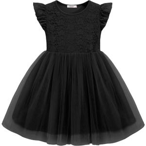 Arshiner Toddler Girls Lace Tutu Dresses Tulle Ruffle Sleeve Summer Flower Princess Special Occasion Church Little Girl Outfit Black 3t