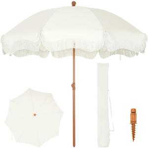 PHI VILLA 7ft Beach Umbrella with Fringe & Sand Anchor, Outdoor Patio Heavy Duty Windproof Portable Tassel Umbrellas for Sand with Push Button Tilt & Carrying Bag, UPF 50+, White(No Base)