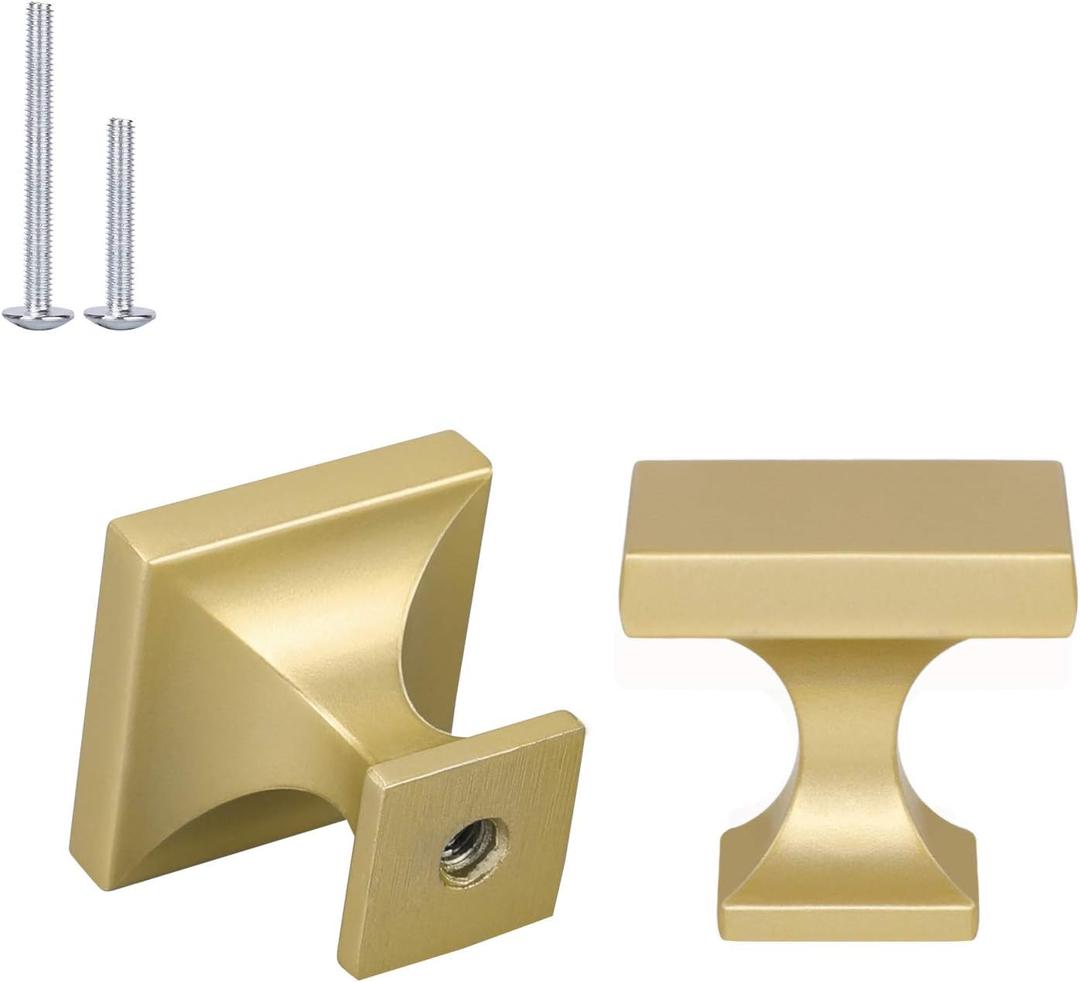 Haliwu 10 Pack Gold Cabinet Knobs Brushed Brass Dresser Drawer Knobs Square Gold Kitchen Cabinet Hardware Zinc Alloy (Gold & Square)