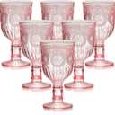 12 Oz Plastic Vintage Wine Glasses Goblets Drinking Glasses Sunflower Embossed Glassware Plastic Champagne Flutes Unbreakable Wedding Toasting Glasses Party Wine Cups for Bridal Shower Party (6, Pink)