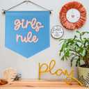 Girls Rule Mini Hanging Felt Banner，- Baby Kids Girl Nursery Wall Decor, Kids Room Flag, Cute Decorative Banner, Charming Decoration for Small Spaces (Blue)