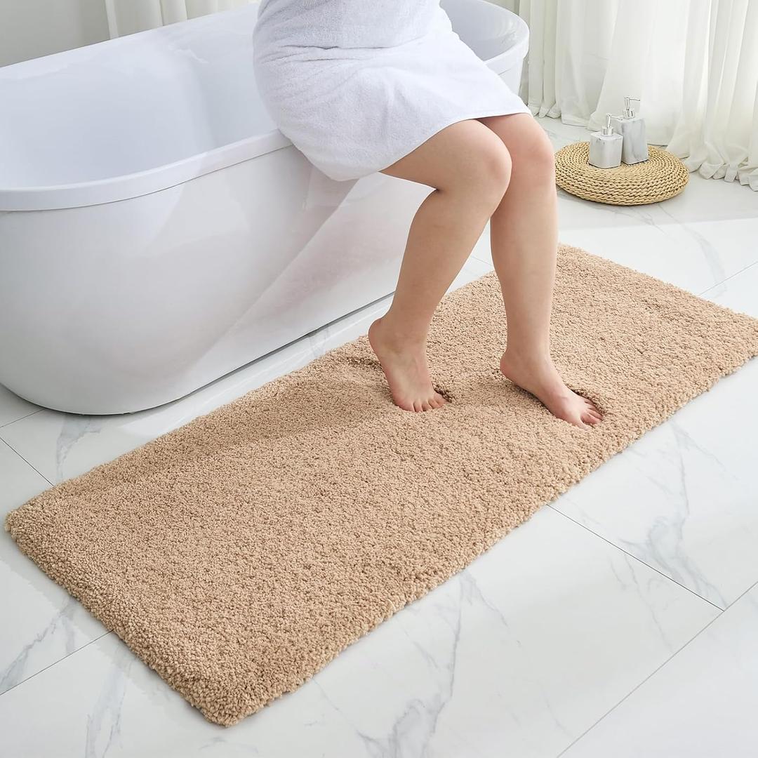 Beige Bathroom Runner Rug 24x70 Non Slip Fluffy Long Bath Mat for Bathroom Floor Washable Plush Luxury Large Bath Rug for Tub Absorbent Runner Rug for Bedside