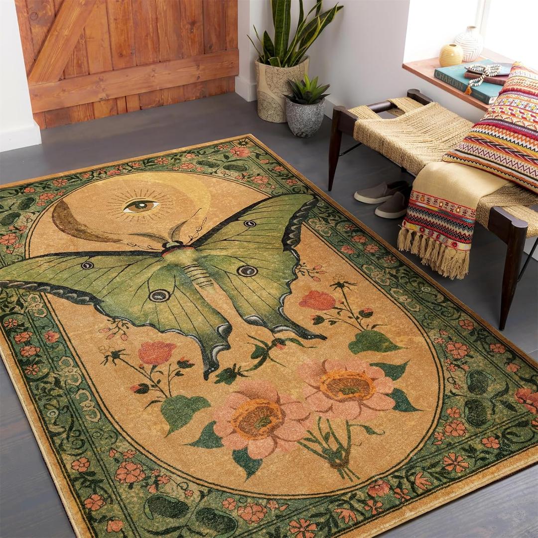 RoomTalks Country Floral Entryway Rug Non Slip Washable Luna Moth 4x6 Indoor Area Rug, Vintage Abstract Cute Aesthetic Cottagecore Accent Rug Carpet for Bedroom Dining Living Room Dorm Kitchen (Green and Orange)