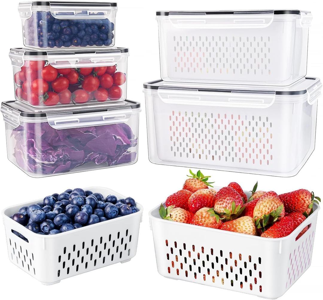 5 PCS Large Fruit Containers for Fridge - Leakproof Food Storage Containers with Removable Colander - Dishwasher & microwave safe Produce Containers Keep Fruits, Vegetables, Berry, Meat Fresh Longer