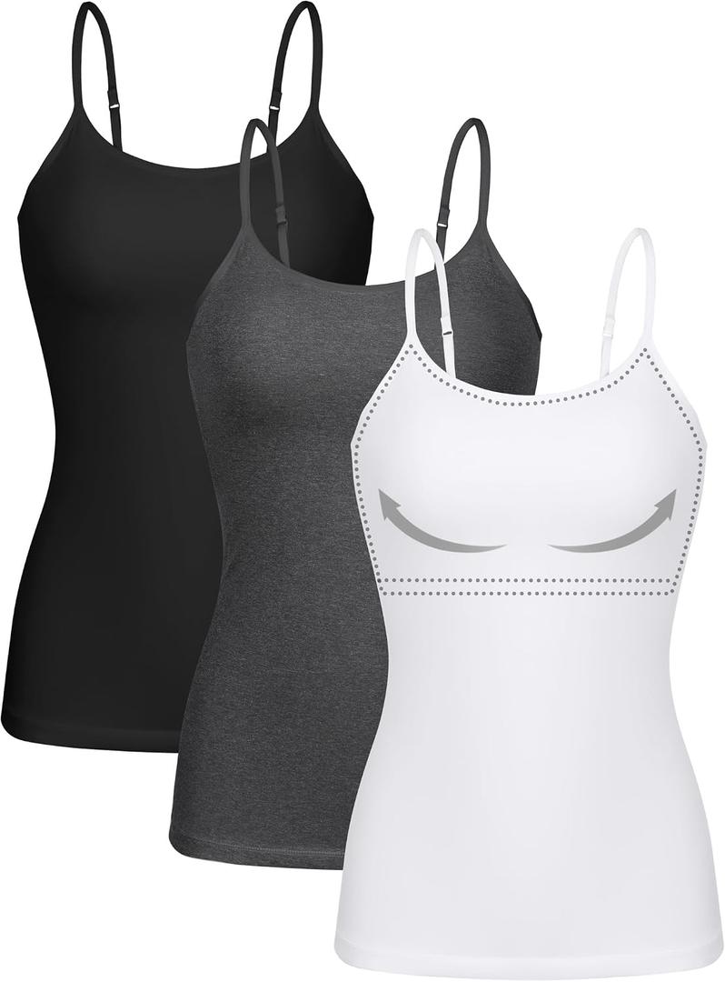 ATTRACO Women 3 Pack Cotton Camisoles with Shelf Bra Adjustable Spaghetti Strap Tank Tops, Small