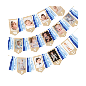 pinkblume 1st Birthday Burlap Photo Banner Garland Handmade Felt from Newborn to 12 Months with Gradient Blue Ribbon for Monthly Milestones Baby Boy First Birthday Party Decorations Supplies