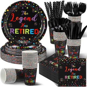 Tioncy 218 Pcs Retirement Party Supplies Colorful the Legend Has Retired Party Decoration Happy Retirement Plates and Napkins Cups Knives Forks Spoons for 24 Guests Disposable Tableware for Men Women