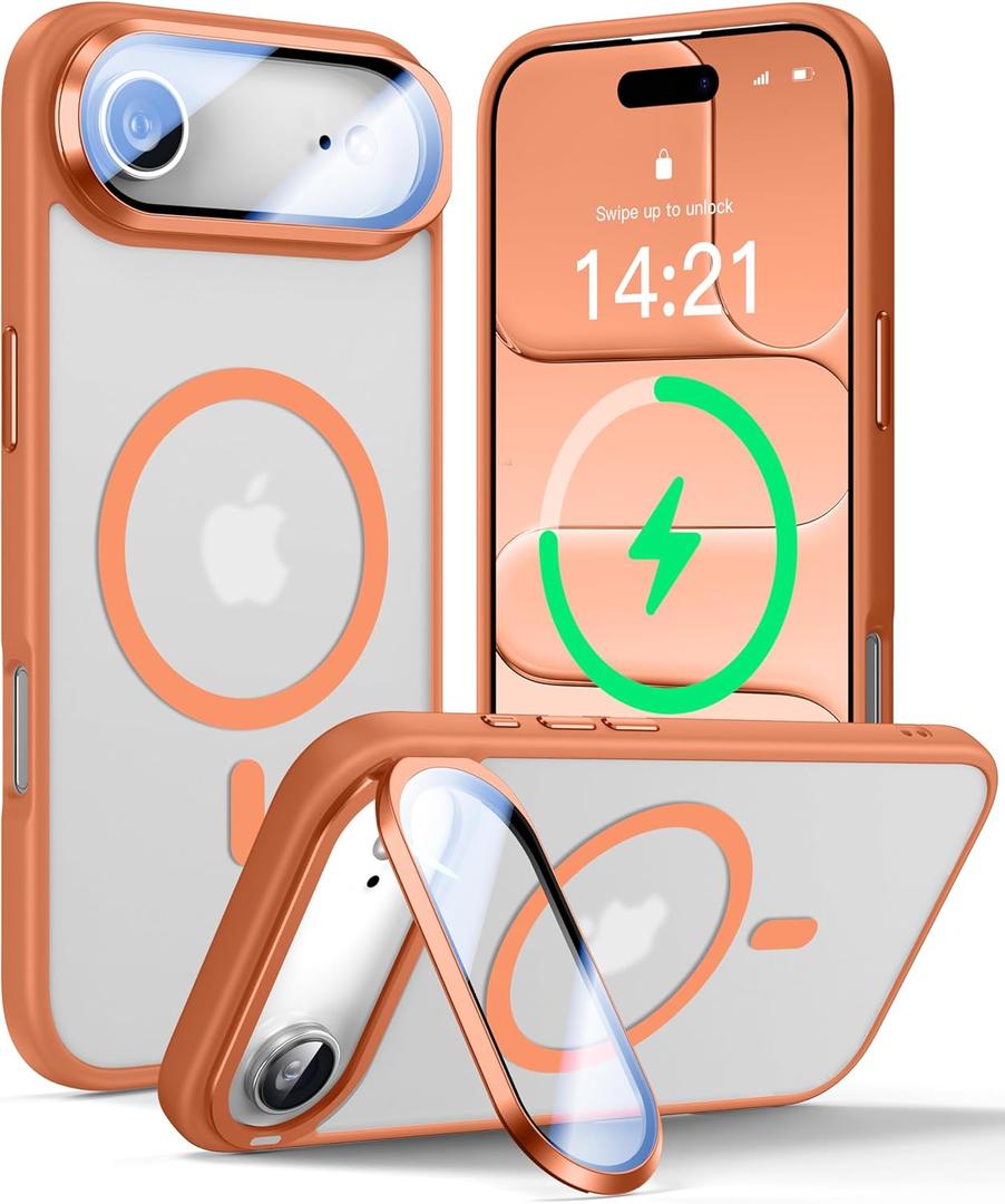 VOFATA [Upgraded Full Camera Protection] for iPhone Air Case with Camera Cover Stand [Fit for MagSafe][10FT Mil-Grade Protection] Translucent Magnetic Phone Cover for iPhone 17 Air Case, Orange