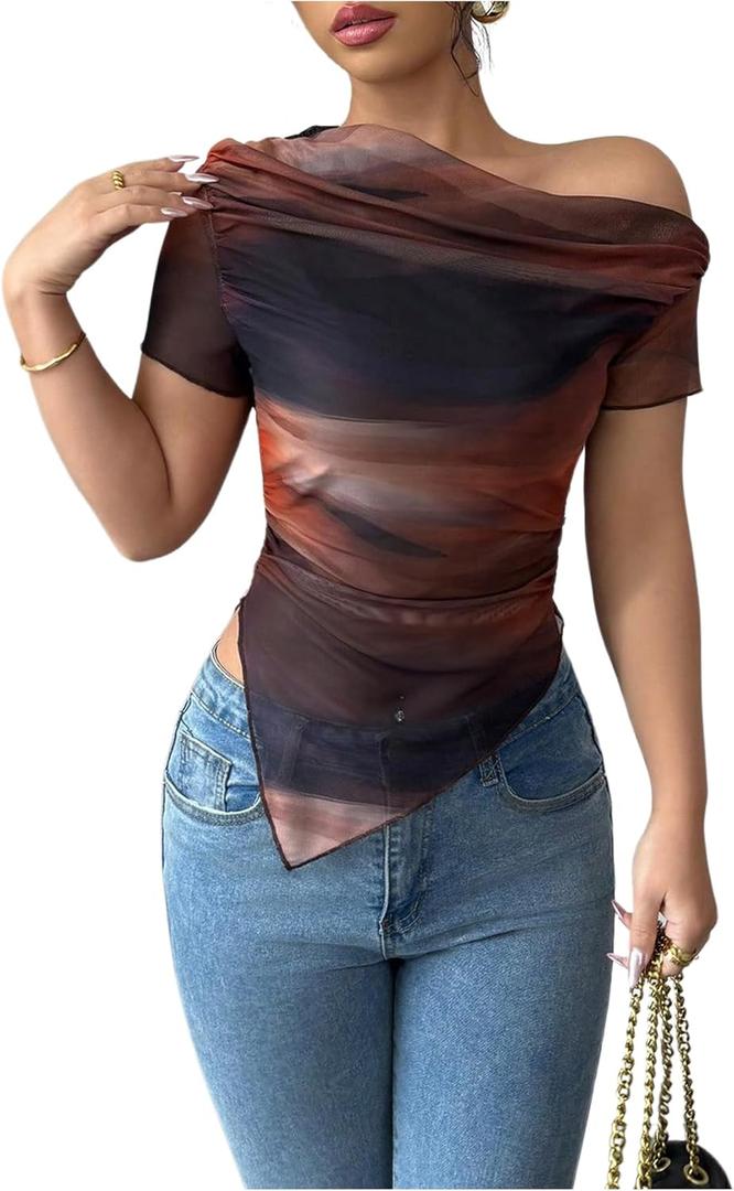Women's Off The Shoulder Tie Dye Ombre Mesh T Shirt Short Sleeve Asymmetrical Ruched Crop Tops (Brown, S)