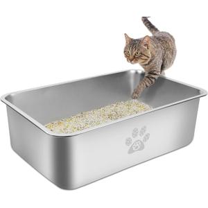 Stainless Steel Cat Litter Box High Side Cats Toilet Metal Kitten Litter Pan, Pet Cleaning Tool for Big and Small Cats, Rabbits, Splash-Proof and Non-Stick Cat Poop Box odorless 17.7"x13.8"x5.9"