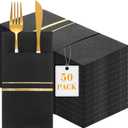 Roshtia 50 Pack Dinner Napkins Disposable Linen Feel Dinner Napkins with Built-in Flatware Pocket Gold Trim Lined Pre Folded Paper for Wedding Party (Black,Gold)