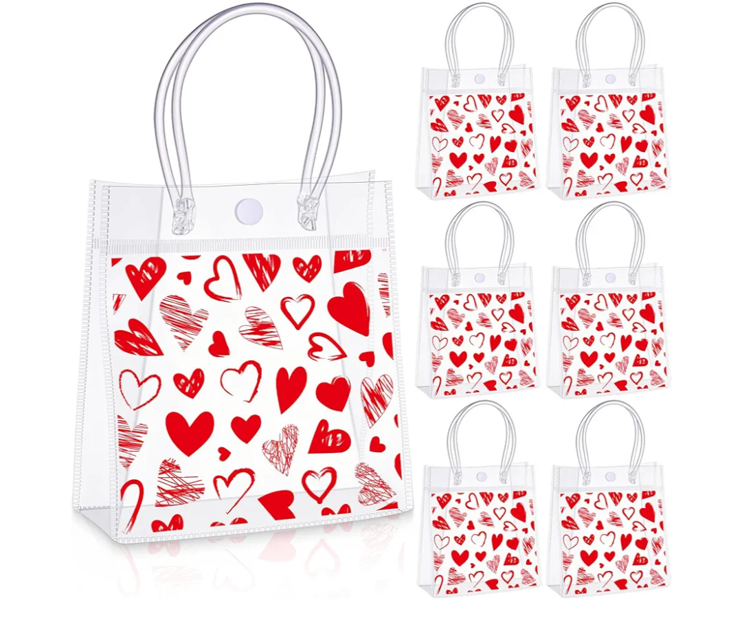 Sweetude 24 Pcs Valentine's Day Clear Gift Bags with Handles Galantines Party Favor Plastic Valentines Candy Treat Goodie Bags for Holiday Winter Wedding Birthday Party Supplies(Heart Filled)
