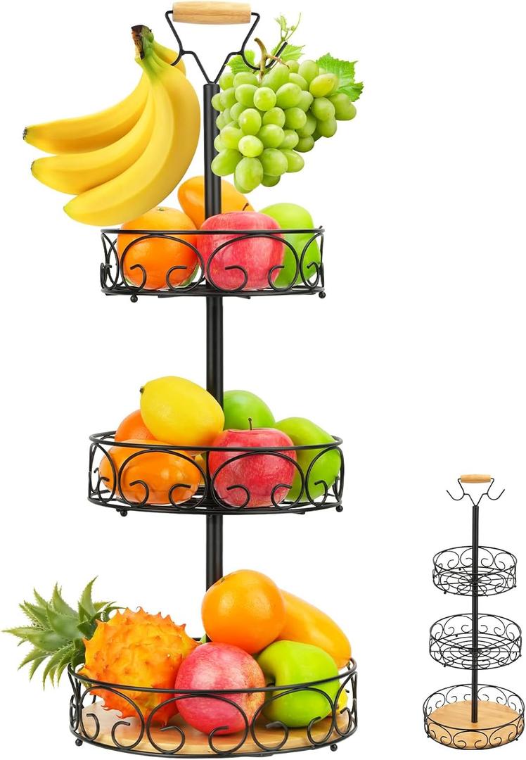 JIABEIUS 3 Tier Fruit Basket for Kitchen Counter, Fruit Bowl Holder with 2 Banana Hangers, Vegetable Storage Stand Metal Wire Basket for Bread Onions Potatoes (Black)