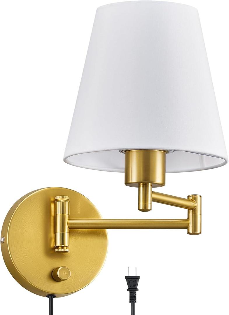 VONLUCE Swing Arm Wall Lamp, Plug in & Hardwired Wall Sconce, Adjustable Wall Mounted Lighting Fixture, Modern Wall Light with Golden Base White Fabric Shade for Bedside, Hallway, Reading