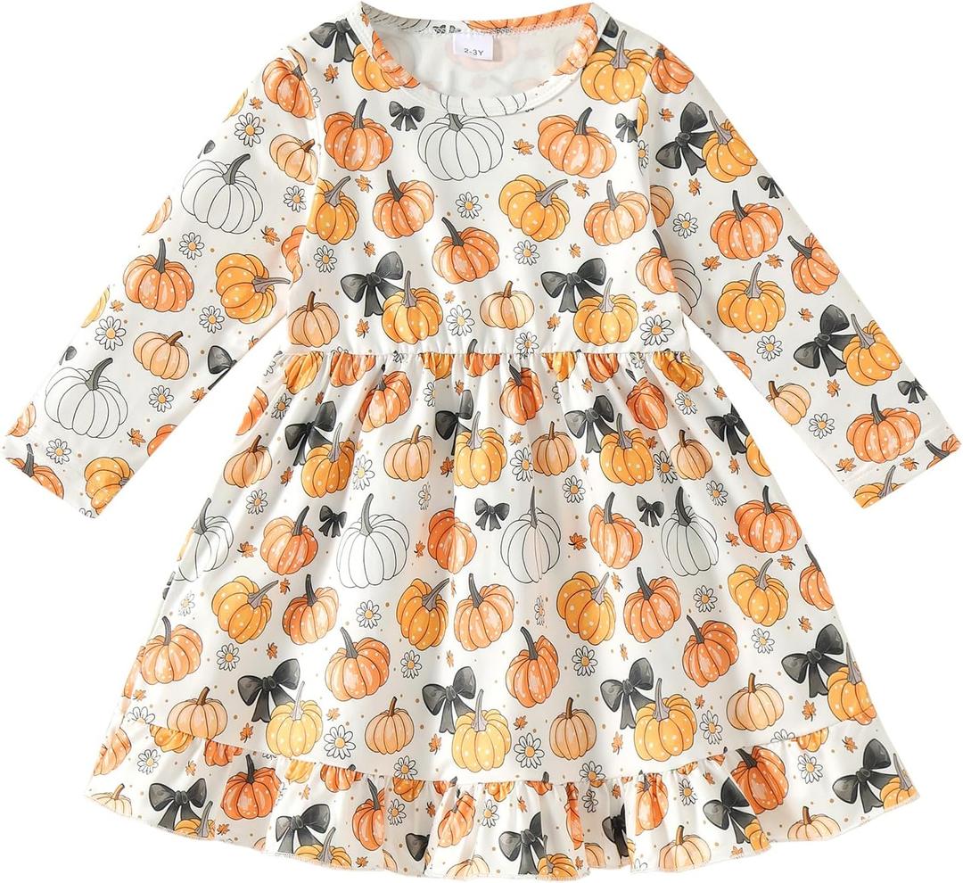 Halloween/Thanksgiving Little Girl Dress Pumpkin Long Sleeve Dresses Fall Outfits 2-9T (White)