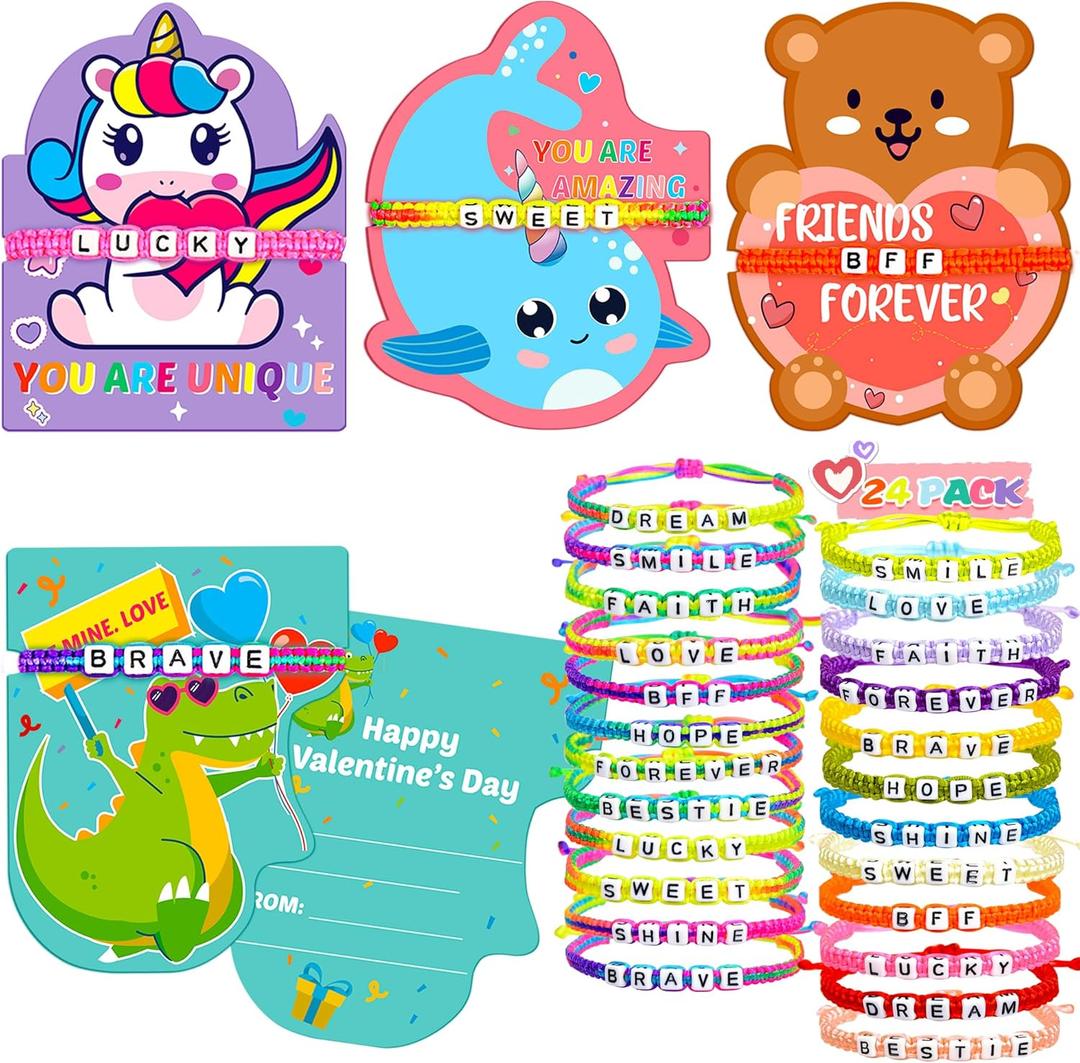 Valentines Day Cards for Kids School with Bracelets 24 Pack, Valentines Day Gifts for Kids Classroom with Friendship Bead Bracelets, Exchange Gift Valentine Party Favors for Kids Girls Boys