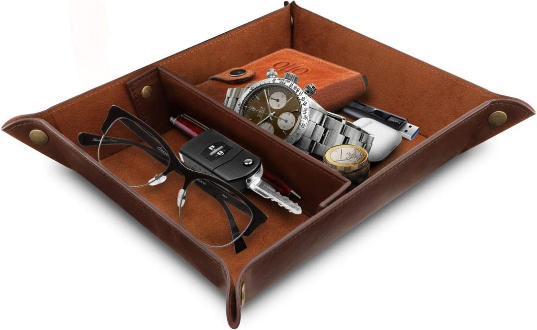 Leather Tray Organizer - Practical Lightweight Water Resistant Computer Table Desk Storage Box for Wallets, Watches, Keys, Coins, Cell Phones and Office Equipment (Dark Brown)