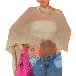 Women Sheer Poncho Top Knit Crochet Lightweight See Through Shawl Summer Shrug Beach Cover Up (One Size, A1 Light Brown)