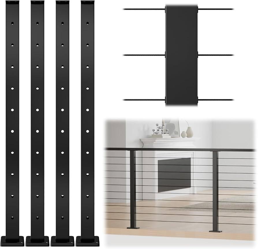 WHATWEARS 35.4" Cable Railing Post 6 Pack, Black Square Drilled Level Railing Kits Outdoor Indoor, Metal Post with Base & Screws for Indoor Outdoor Level Decks